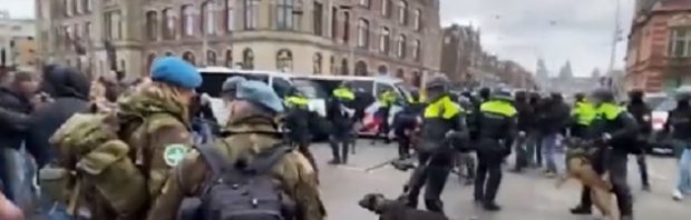 Kijk: Mensen gegrepen door politiehonden en afgeranseld met wapenstokken tijdens coronaprotest Amsterdam